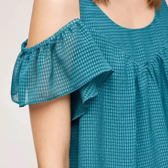 Anthropologie Maeve Tavin Turquoise Cold Shoulder Ruffle Blouse 4P - Picture 15 of 15